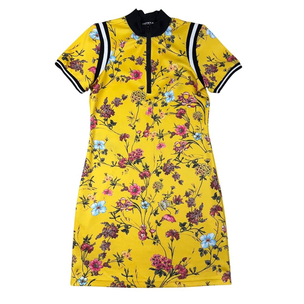 Pam & Gela Floral Yellow Quarter Zip Front Scuba Knit Dress Womens M
